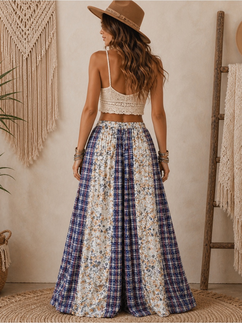 POL Boho Patchwork Wide Leg Pants Floral Plaid Bohemian Festival Pants Med NWT - Picture 4 of 10